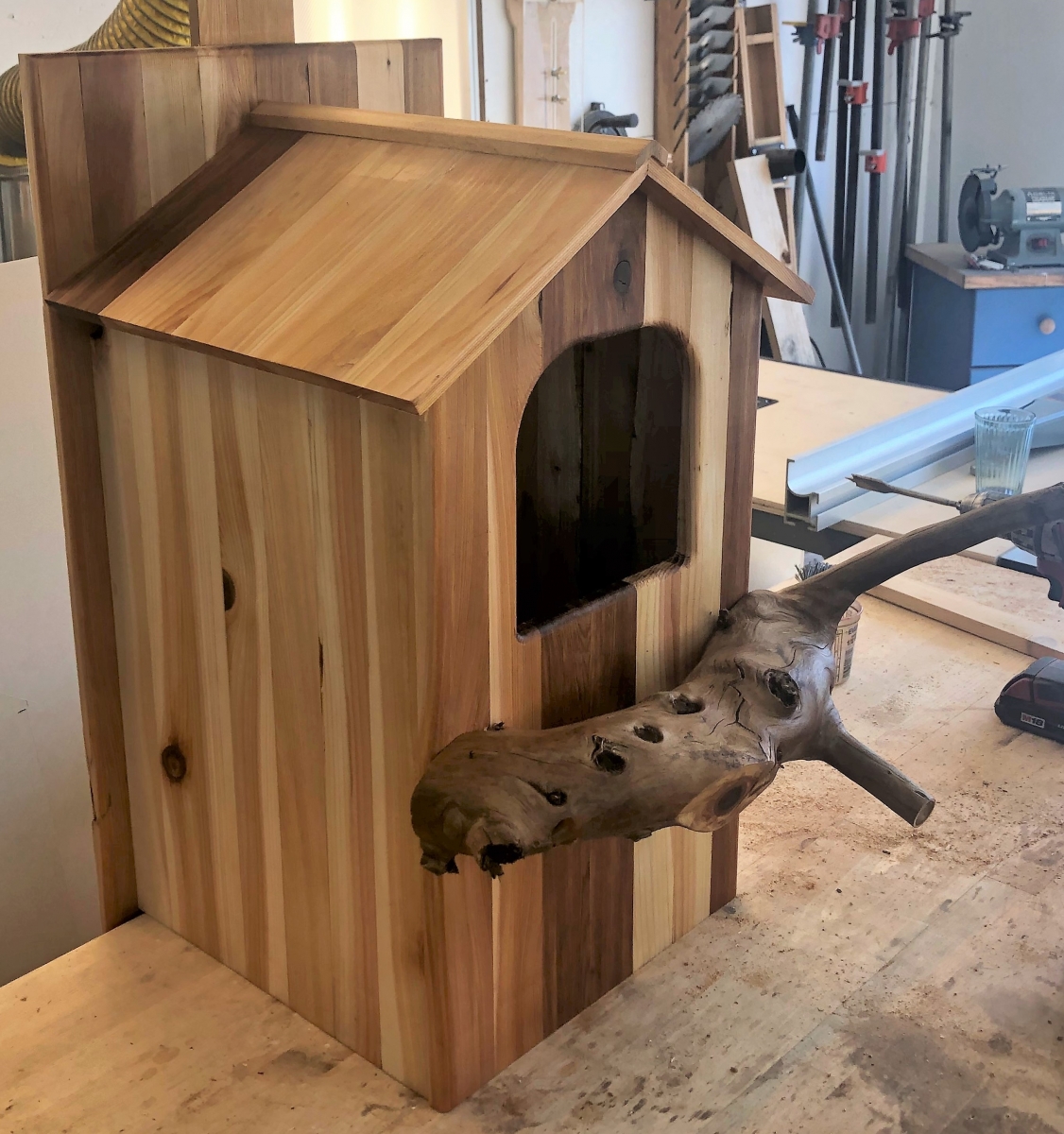 Locally made barred owl nesting box.