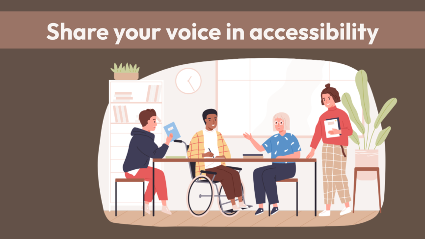 illustration of four people sitting at a table, one is in a wheelchair