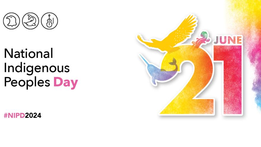 English image for Instagram with 3 illustrations: an eagle representing First Nations, a narwhal representing Inuit, and a violin representing Métis. These illustrations are placed around the date "June 21" and surrounded by multicoloured smoke that represents Indigenous traditions, spirituality, inclusion and diversity. English text: National Indigenous Peoples Day June 21 #NIPD2024