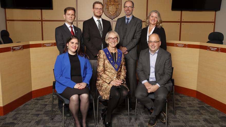 GROUP PHOTO. Top: Councillors Tim Morrison, Jacob Helliwell, Ken Armour and Andrea Boardman. Bottom: Councillor Darlene Rotchford, Mayor Barbara Desjardins and Councillor Duncan Cavens.