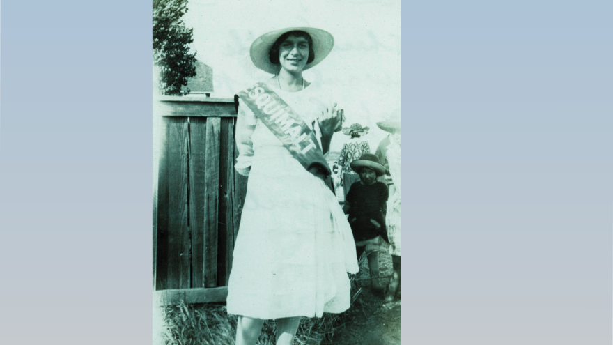 Woman wearing "Esquimalt" sash, 1923