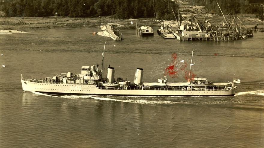 2. HMCS Fraser passing under construction of Lions Gate Bridge, Vancouver, BC. 1938, De Costa Family Col.