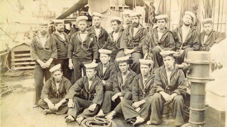 Image of sailors on the HMS Cormorant at Esquimalt. circa 1888