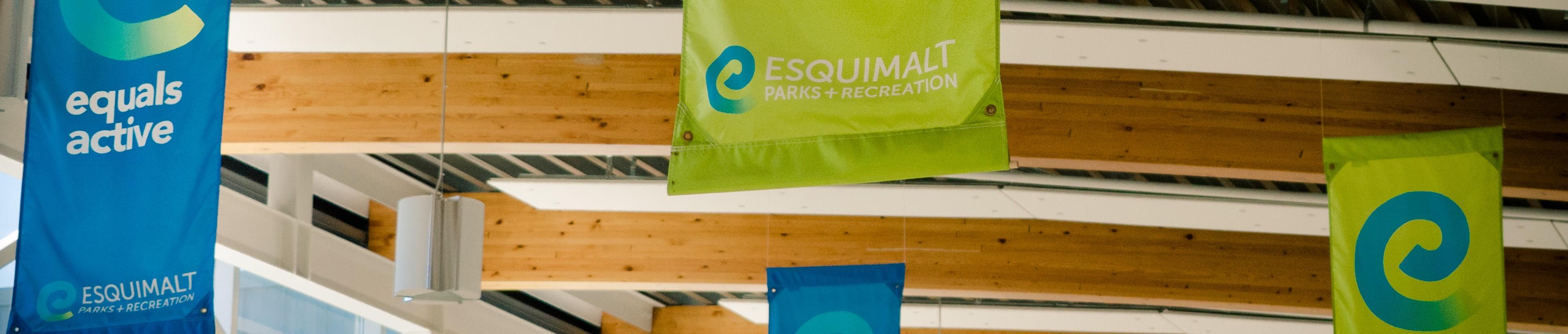Esquimalt recreation banners hanging from the ceiling