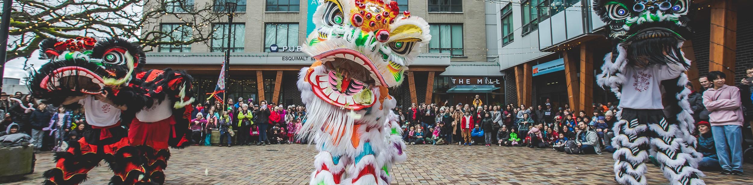 Chinese dragon costumes at Esquimalt Town Square plaza