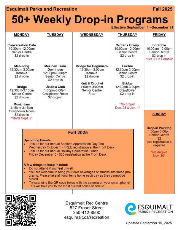 Fall 2025 Senior Weekly Drop In Schedule