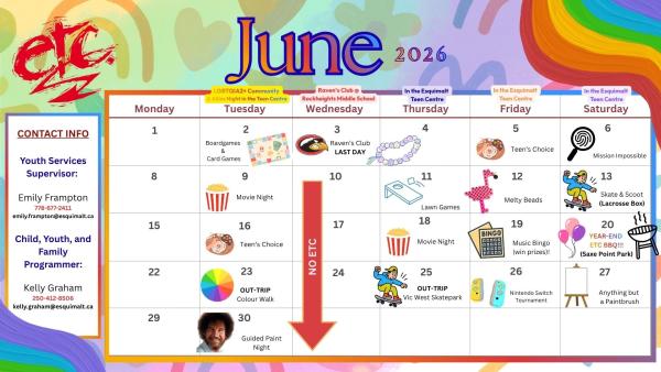 Teen Centre Monthly Calendar for June 2026